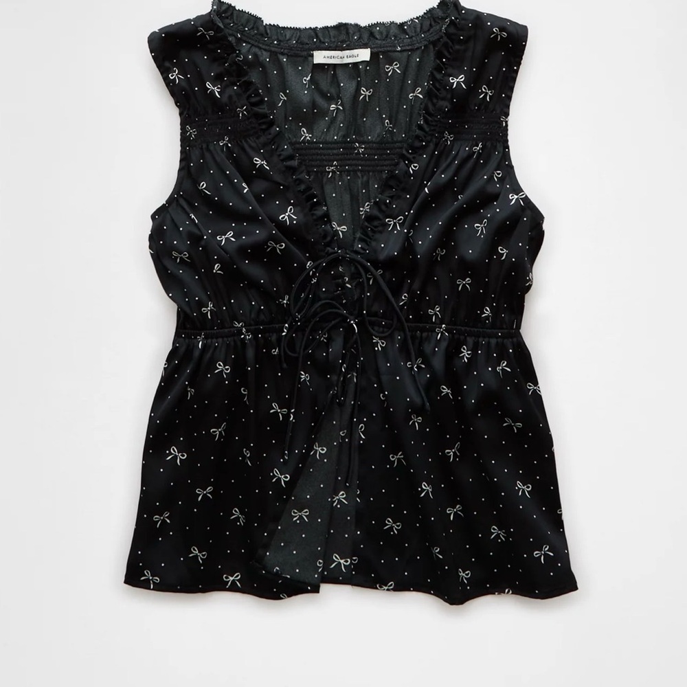 American Eagle Tie-Front Printed Top — Size XL 🎀 White Bow and Polka Dot Print - Picture 3 of 8